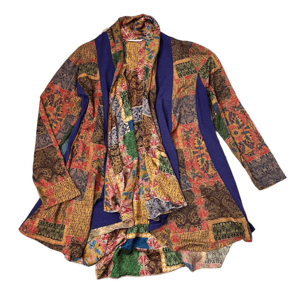 Soft Surroundings Sweater XL Patchwork Blue Yellow Izmur Topper Paisley Cardigan - Image 3 of 4