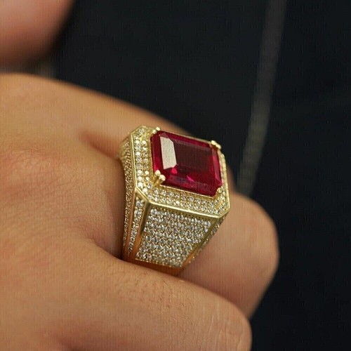 4Ct Emerald Cut Lab Created Ruby Halo Engagement Ring 14K Yellow Gold ...