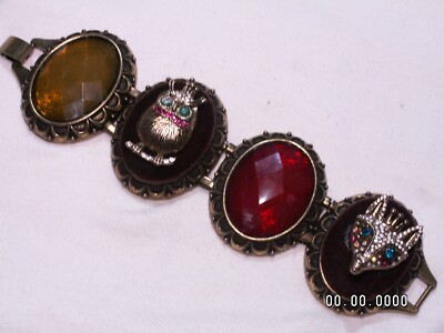 Seltenes BETSEY JOHNSON goldfarbenes, Kristalle, Acryl Eule, Fuchs klobiges Armband