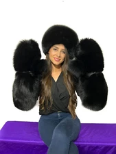 Huge Fox Fur Long Mittens And Fox and Beaver Hat Set Saga Furs Jet Black Furs