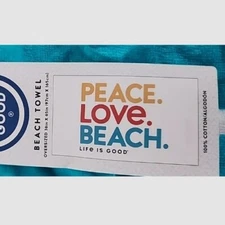 LIFE IS GOOD Beach Pool Towel WHITE Peace Love Beach Cotton Oversize 38 x 65 New