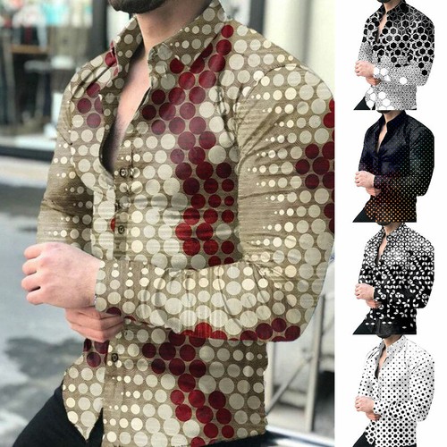 Herren Farbverlauf Druck Langarmshirt Umlegekragen T-Shirt Tops Freizeitkleidung - Bild 3 von 14