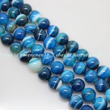 Natural 6/8/10/12mm Blue Stripe Banded Agate Gemstone Round Beads 15"