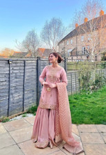 Beautiful Pure Chinnon Light Pink Top Palazzo With Net Dupatta For Wedding Wear