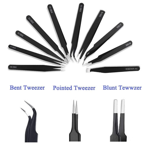 10 x ESD Precision Anti static Tweezers Set Stainless Steel Tool for Electronics - 第 2/6 張圖片