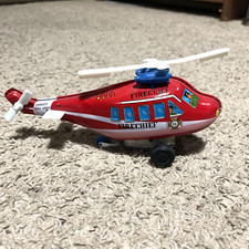 Collectible Tin Wind-up Red Fire Chief Department Toy Helicopter Made In Korea