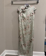 Women  s 100 Silk Satin Cheong-sam Qipao Dress Green Floral Size M