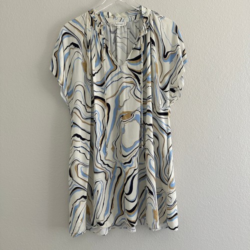 Chinti & Parker Tunic Dress Womens 8 Cream Blue Abstract Marble Tie Neck Pockets