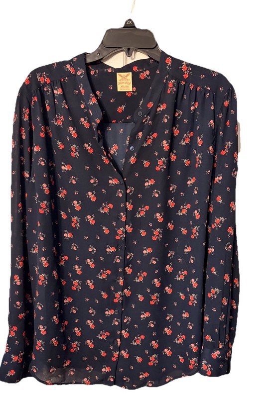 Faded Glory Women's 2XL Blue/Red Floral V-Neck Long Sleeve Button Blouse