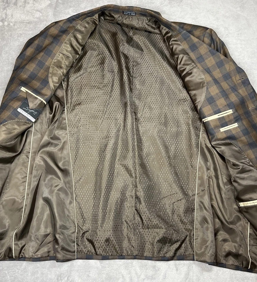 Steve Harvey Collection Blazer Sport Coat Men 50R Brown Blue Check Wool Blend - Image 4 of 4