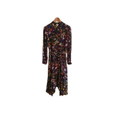 Monsoon Freida Floral Fruit Print Black Midi Long Sleeve Shirt Dress Size 14