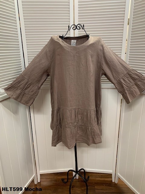 HLT599 Mocha Small NWT Match Point Linen Shirt Blouse Top Tier NEW Ruffle Brown