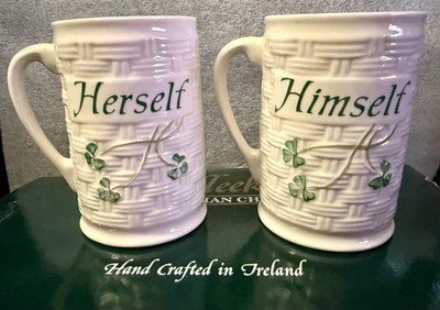 Belleek Himself & Herself Tall Mugs Woven Texture & Shamrocks 4 1/2'' 12 fl oz