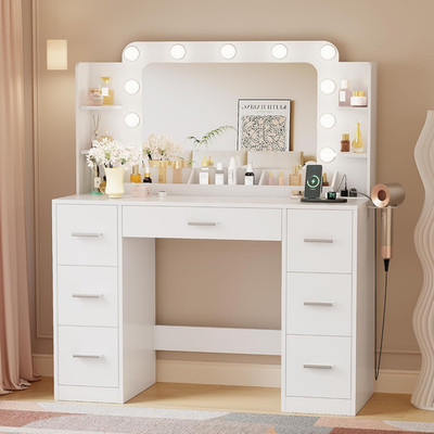 Elegant Vanity Desk with Lighted Mirror, 11 Lights & 7 Drawers - White