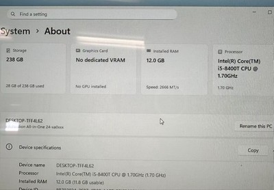 HP Pavilion All-in-One 24-xa0Xxxx i5-8400T 12GB Ram 256GB SSD W11