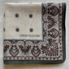 VTG Handkerchief Green Cotton Geometric Border Damask Brown Pocket Square 18"