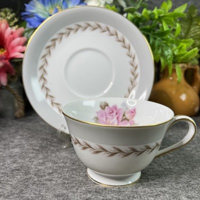 Rosemont #5048 By Noritake China - Footed Cup & Saucer Set Pink Rose Gray Rim