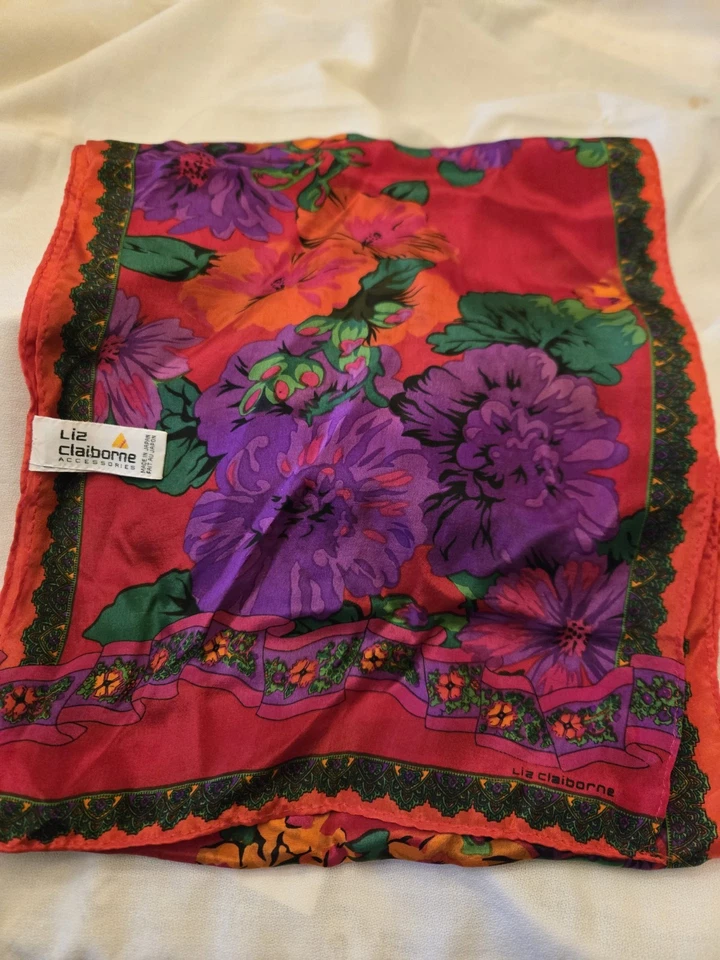 Bufanda vintage 1990 Liz Claiborne brillante colorida floral oblonga 100 % seda Japón Foto 3 de 4