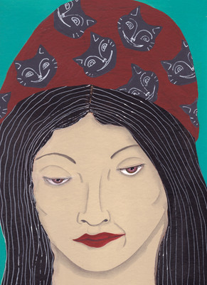 Black Cat Hat Woman Portrait Original Naive Folk Outsider Art 9x12 Potocki
