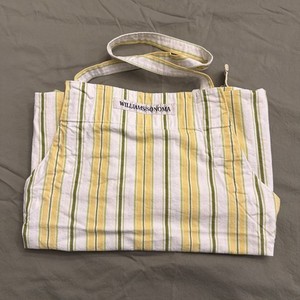 Williams-Sonoma White, Green, Yellow Striped Bib Apron With Pockets Cotton