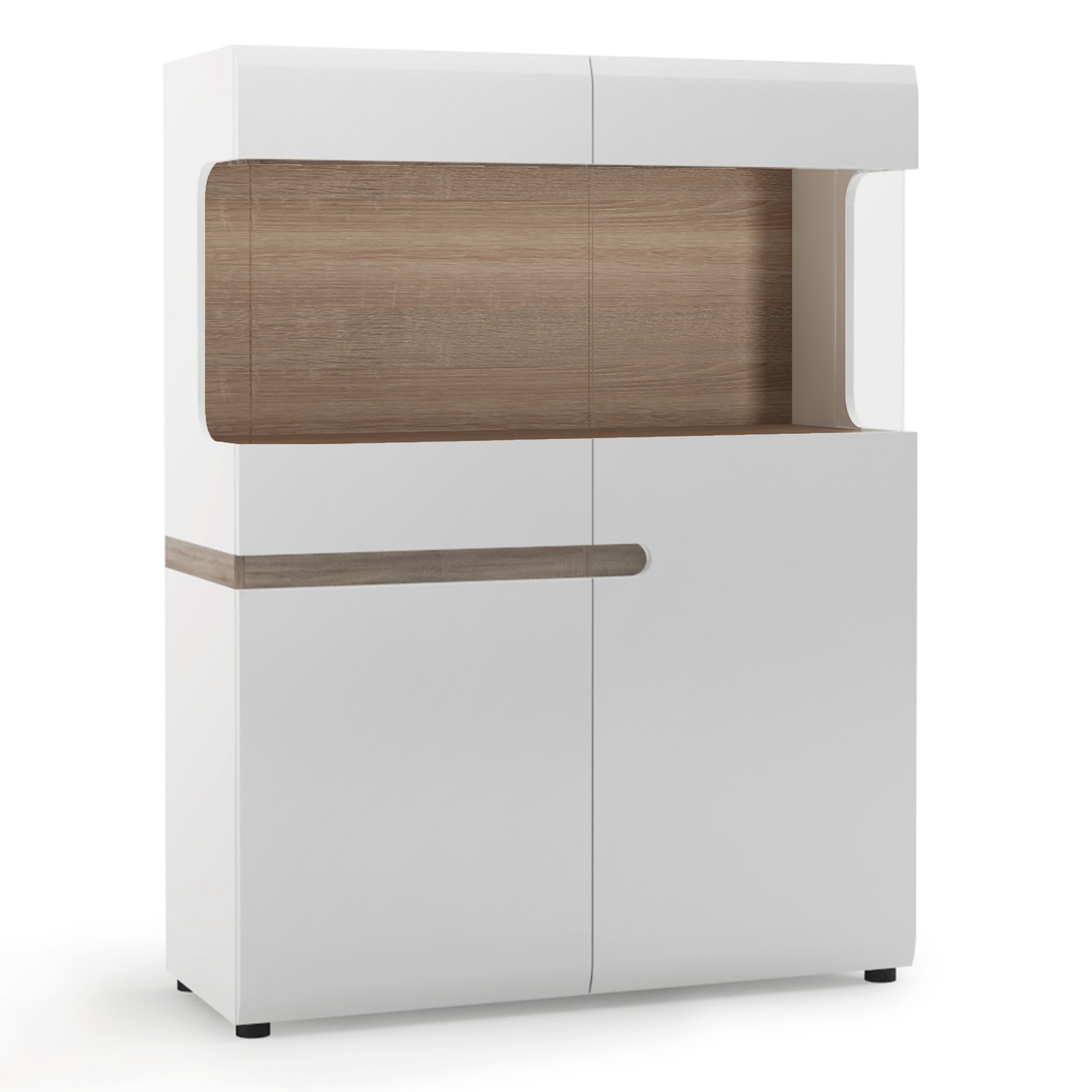 White Gloss Glass Display Cabinet - 109cm Oak Trim Storage Unit with Shelves