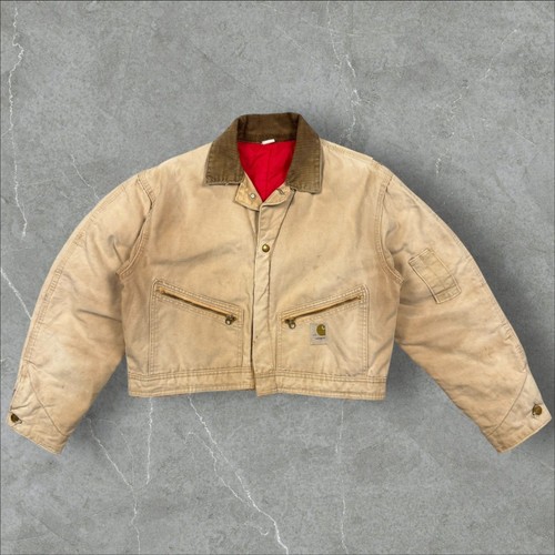 Vintage 70s Carhartt Detroit Style Cropped Tan Dark Brown Corduroy Collar Jacket - Image 1