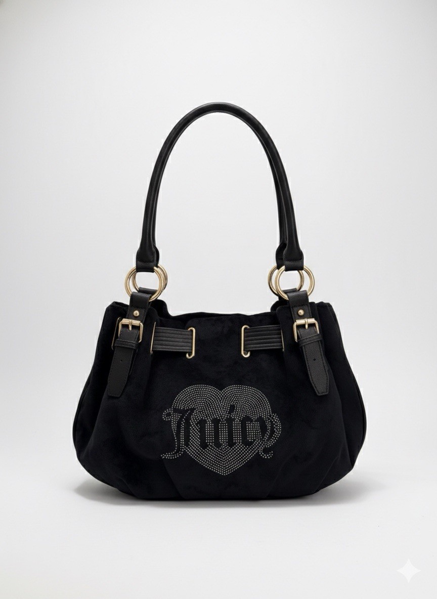 Juicy Couture 黒 ベロアハンドバッグ NWT Juicy Couture Queen Couture Black Velour Tote Bag Rhinestone