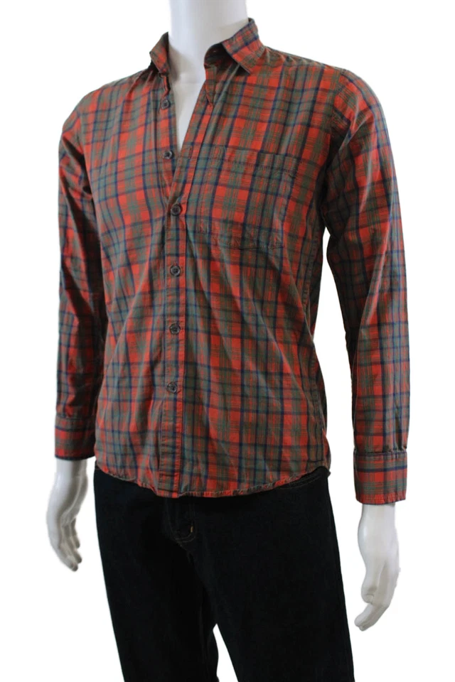 Camisa Steven Alan Para Hombres Algodón A Cuadros Manga Larga Con Botones Naranja Talla S Foto 2 de 4