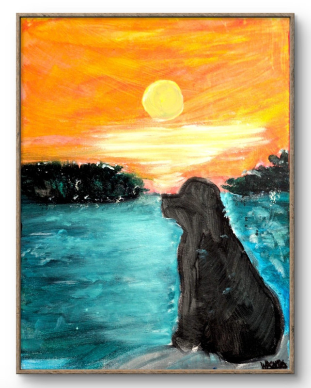 Newfoundland Dog Sunset Original Painting 11x14 Canvas Acrylic Art Lake Wachtel