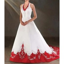 Vintage White Red Wedding Dress Halter Neck Backless Satin Applique Bridal Gowns