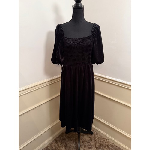 Draper James RSVP Black Velvet Smocked Puff Sleeve Midi Dress Style #KD7256V2