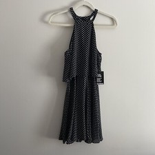 Express Women 4 Black White Polka Dot Sleeveless Layered Halter Mini Dress NWT