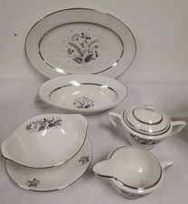 Royal Jackson Allegro  Platter Vegetable Bowl Creamer Sugar Platinum Trim