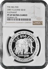Sierra Leone 10 dollars 2001, NGC PF69 UC,  The Big Five - Elephant  Top Pop 1/0