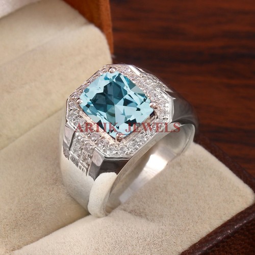 Natürlicher Blautopas Edelstein mit 925 Sterling Silber Ring für Herren #5028 - Bild 1 von 5