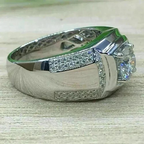 2Ct Round Cut Lab Created Diamond Men's Band Ring 14K White Gold Plated Silver - Picture 2 of 12