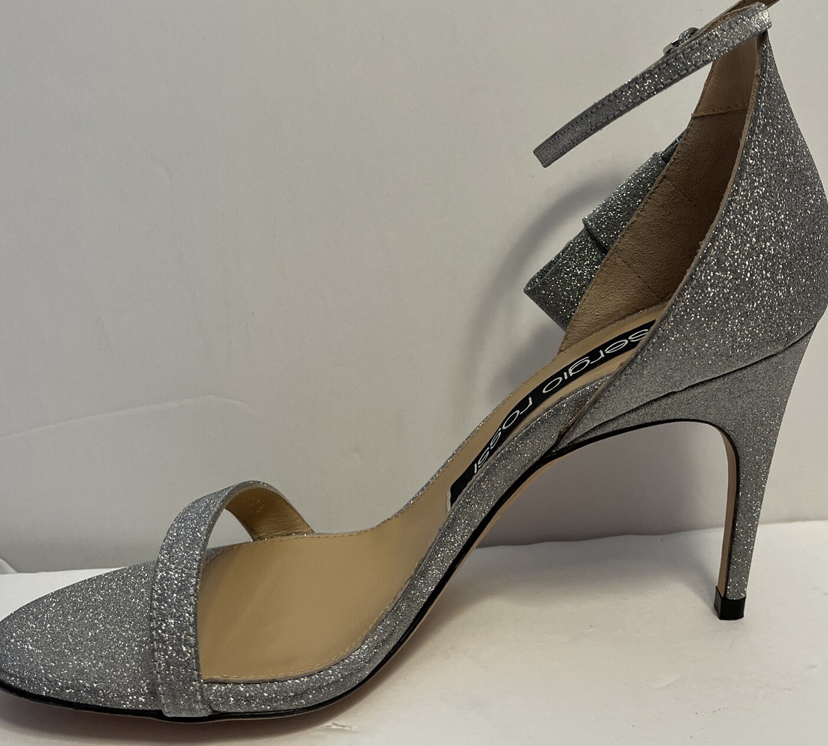 Sergio Rossi Argento Shiny Silver Glitter Gem Logo Strappy Heels 