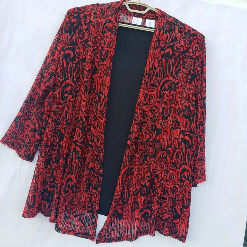 JMS Just My Size Top Womens 4X Knit Cardigan Overlay Black Red Blouse - Image 2 of 4