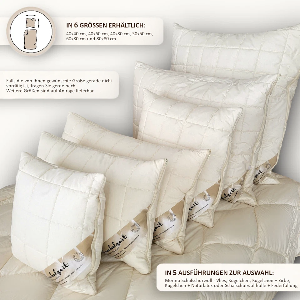 Merino Schaf-Schurwoll-Kissen mit Schafschurwollkugeln Zirbe-Spänen Kopfkissen - Bild 3 von 4
