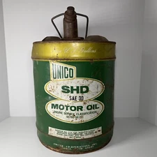 VINTAGE UNICO 5 GALLON MOTOR OIL CAN SHD SPOUT, LID, & HANDLE Garage Original