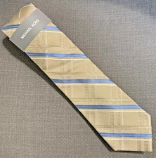 Michael Kors Men's Neck Tie Salerno Plaid Khaki Blue Silk Blend MSRP  $69.50