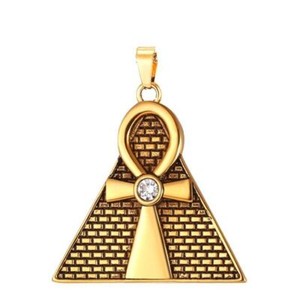 Authentic MENDEL Mens Gold Plated Hip Hop CZ Ankh Pyramid Pendant Necklace Stainless Steel
