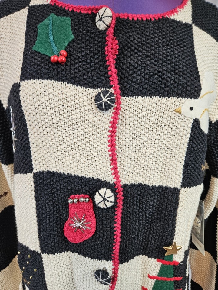 NWT Ann Trinity Black & Cream Christmas Patchwork Cardigan Sweater Size