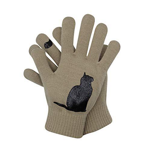 ANKOMINA Women Men Winter Knit Gloves Cute Animal Cat Warm Thermal Khaki - Picture 2 of 7