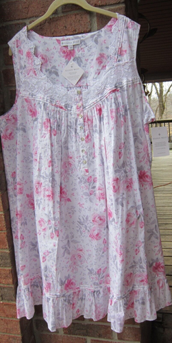 nwt eileen west xl 100% woven cotton white floral print sleeveless nightgown