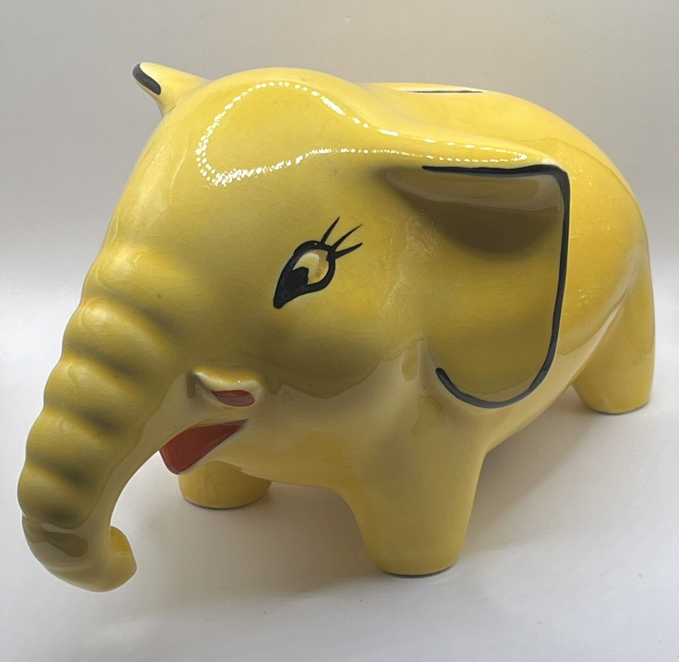 Vintage Arthur Wood Hand Painted Yellow Elephant Money Box Piggy Bank