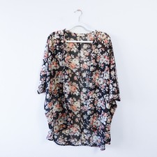 Sheer Boho Floral Kimono Black 1XL