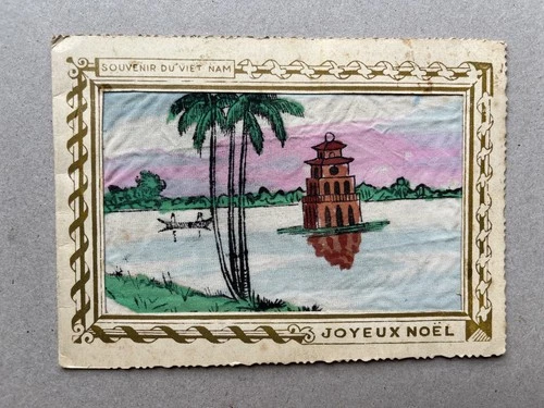 m) Greetings postcard Vietnam France silk image Christmas