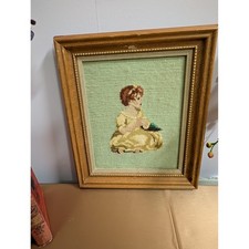 Vintage Framed Needlepoint Art Little Girl Embroidery Wall Decor Home Accent