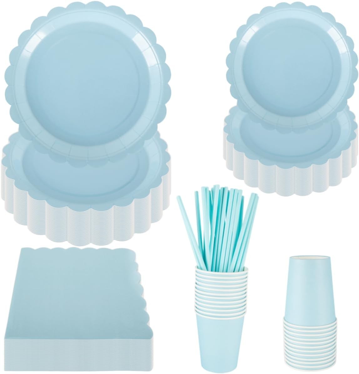 Blue Party Tableware Set, 125PCS Baby Blue Paper Plates and Napkins, Disposable